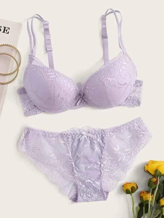 BOW DECOR FLORAL LACE LINGERIE SET